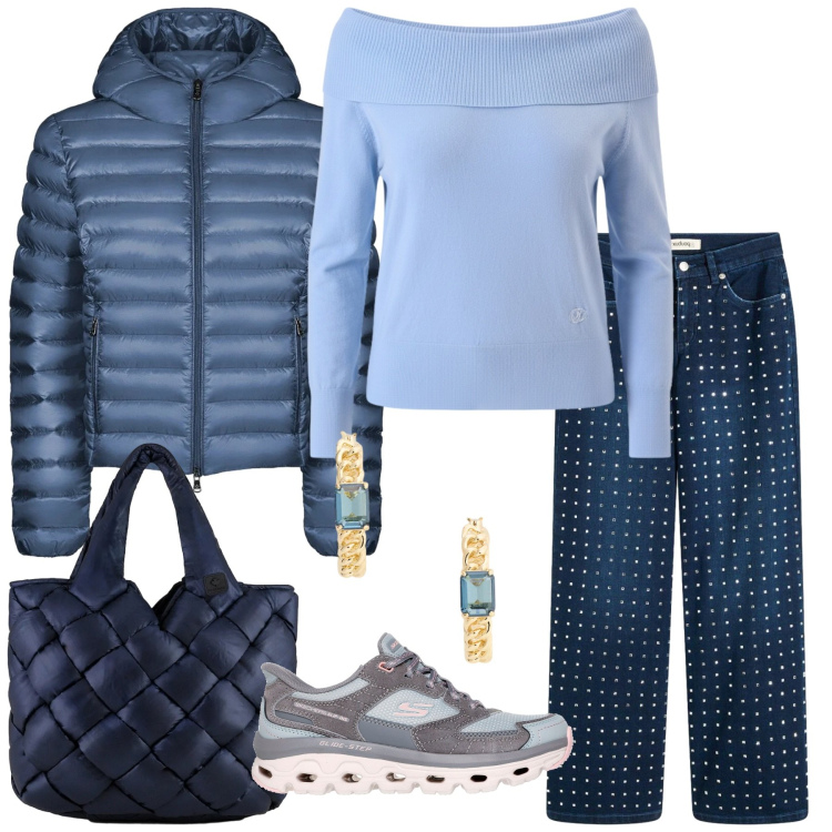 Outfit donna - Total look #2299277. Stile Trendy per Tutti i giorni. Abbinamento con jeans dritti, pullovers, orecchini, borse tote, bomber, sneakers.
