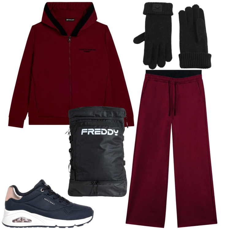 Outfit donna - Total look #2299278. Stile Sporty chic per Sport. Abbinamento con pantaloni, felpe con cappuccio, zaini, guanti, sneakers.
