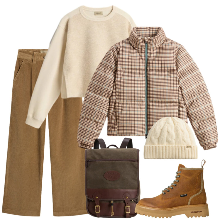 Outfit donna - A passeggio sulla neve. Stile Casual per Tutti i giorni. Abbinamento con anfibi, piumini, zaini, berretti, felpe, pantaloni.