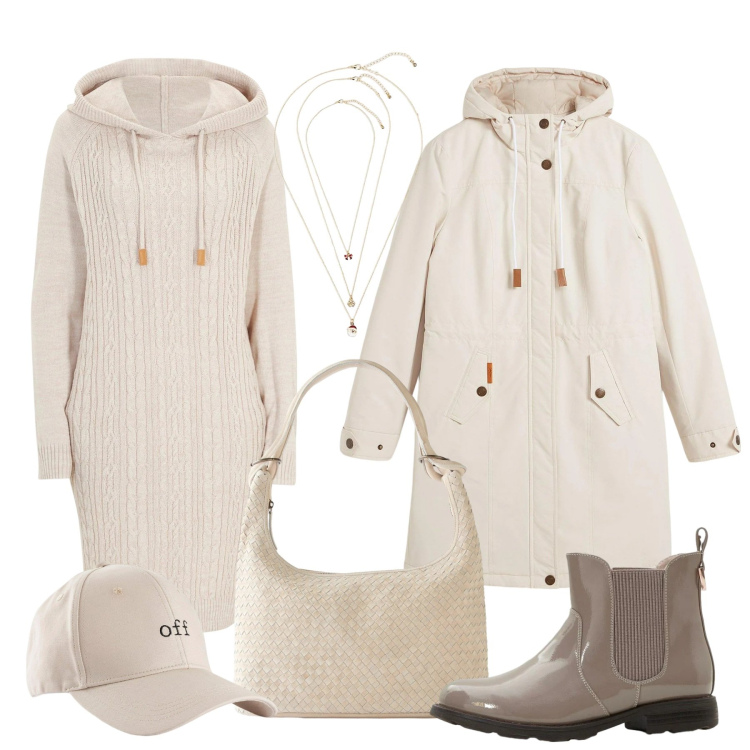 Outfit donna - Cozy style. Stile Casual chic per Tutti i giorni. Abbinamento con vestiti, blazer, stivaletti chelsea, cappelli con visiera, shopping bag, collane.