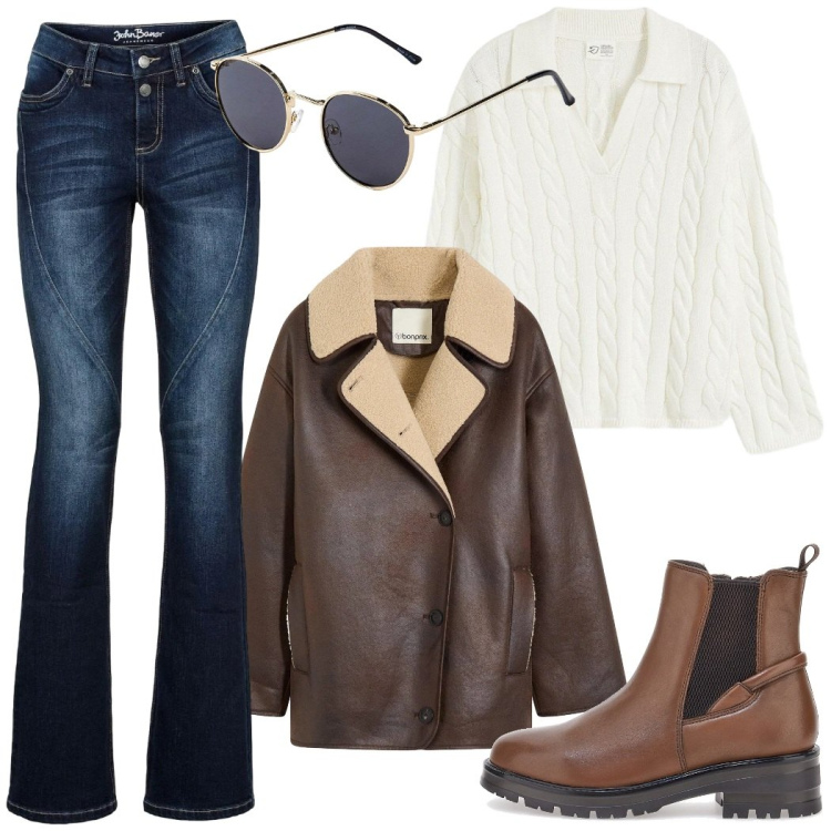 Outfit donna - Total look #2299296. Stile Casual chic per Tutti i giorni. Abbinamento con occhiali da sole, maglieria, jeans bootcut, blazer, stivaletti chelsea.