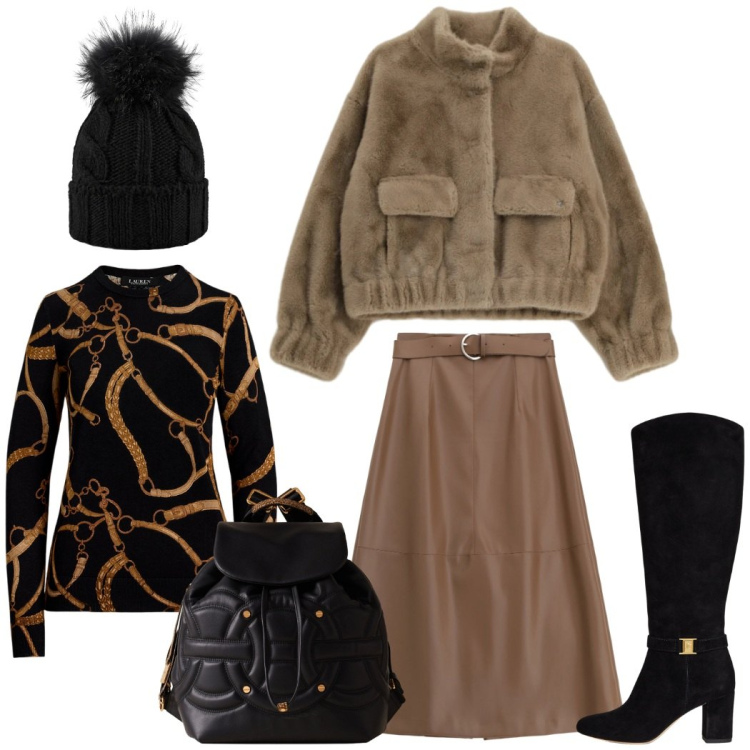 Outfit donna - Feste di Natale. Stile Chic per Serata fuori. Abbinamento con blazer, gonne lunghe, zaini, maglieria, stivali, berretti.