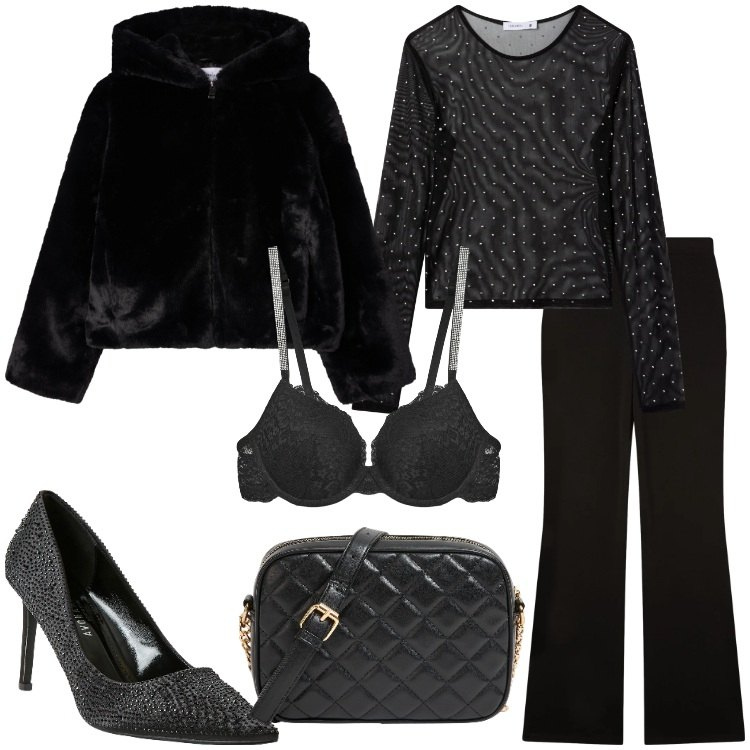 Outfit donna - Terranova - Xmas Edition 2025. Stile Chic per Serata fuori. Abbinamento con borse a tracolla, reggiseni a balconcino, décolleté, t-shirt, pantaloni, ecopellicce.