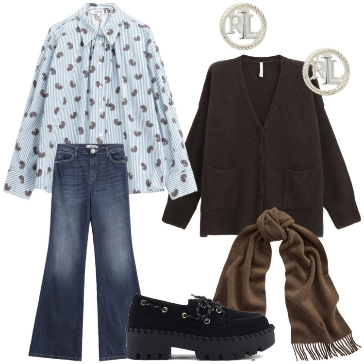 Outfit donna - In ufficio. Stile Casual chic per Ufficio. Abbinamento con camicie, jeans a zampa, cardigans, orecchini, sciarpe, mocassini.