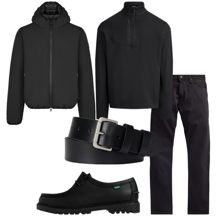 Outfit uomo - Total black d’inverno. Stile Trendy per Tutti i giorni. Abbinamento con giacche, cinture, scarpe stringate, jeans, pullovers.