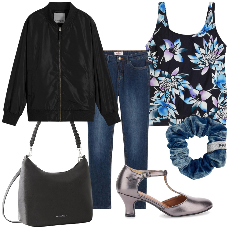 Outfit donna - Fiori d inverno. Stile Sporty chic per Serata fuori. Abbinamento con jeans skinny, top, bomber, borse a mano, accessori per capelli, décolleté.