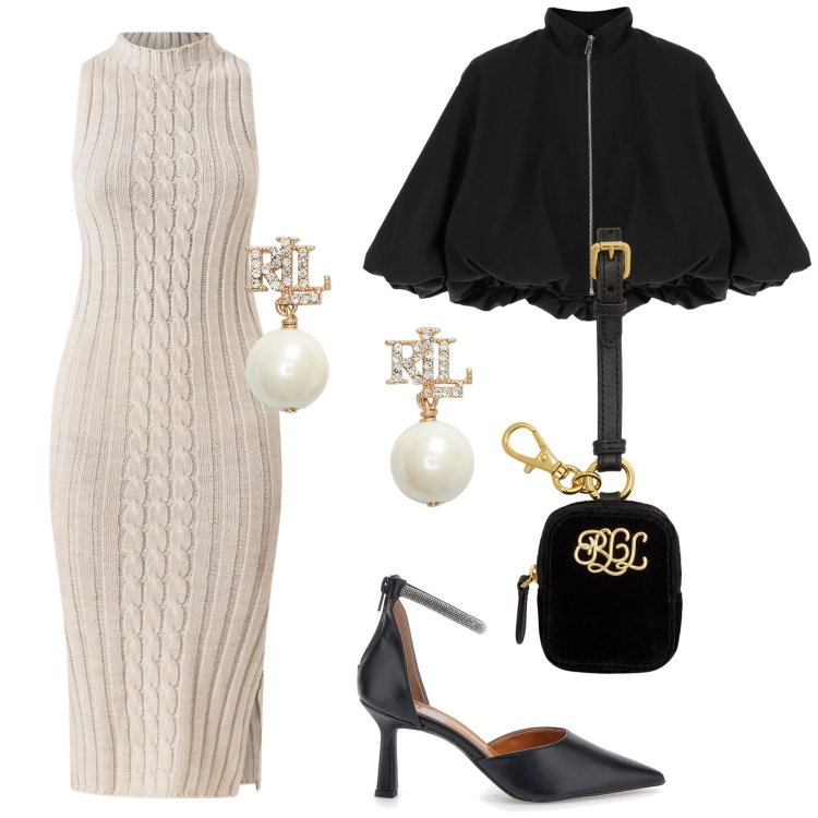 Outfit donna - Un abito in maglia per la soiree. Stile Glamour per Serata fuori. Abbinamento con vestiti midi/longuette, bomber, pochette, orecchini, décolleté.