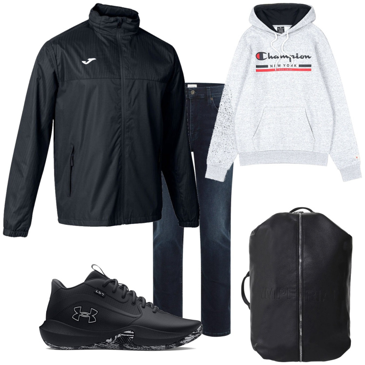 Outfit uomo - Antipioggia. Stile Casual per Tutti i giorni. Abbinamento con jeans slim fit, borse sportive, felpe con cappuccio, giacche, scarpe sportive.