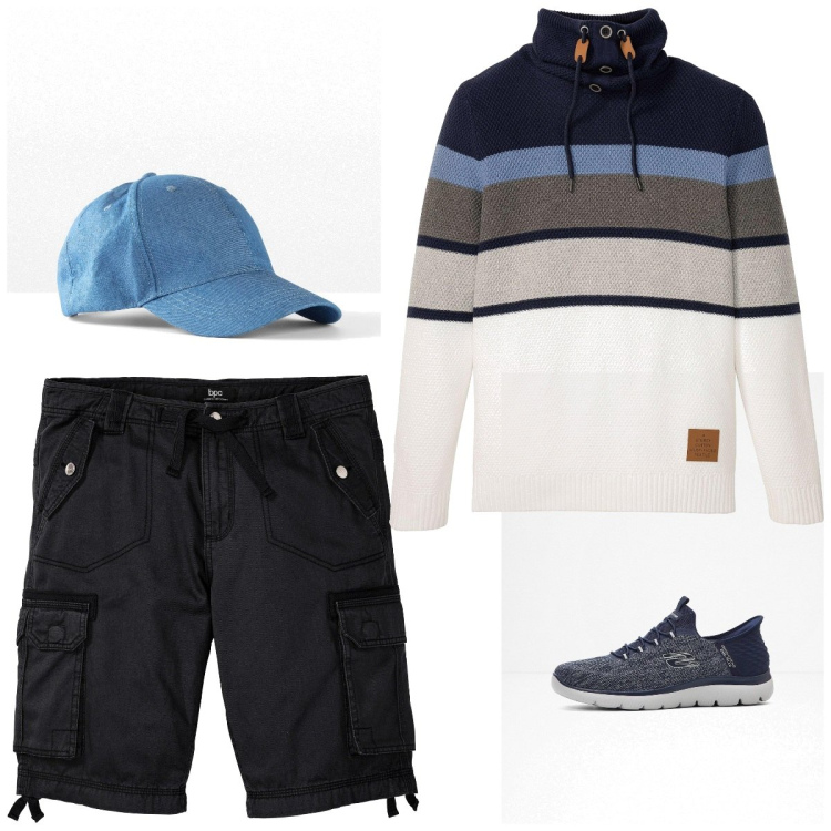 Outfit homme - Casual #19582. Style Casual pour Tous les jours. Assortir avec chapeaux avec visière, bermuda, sneakers, pulls.