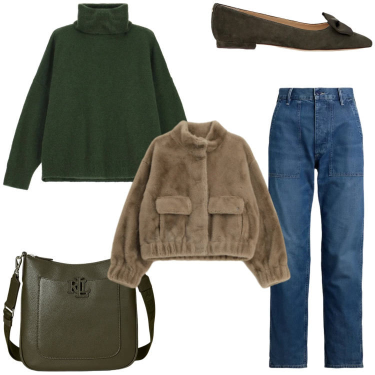 Outfit donna - I colori del bosco. Stile Casual chic per Tutti i giorni. Abbinamento con blazer, maglieria, ballerine, jeans, borse a tracolla.