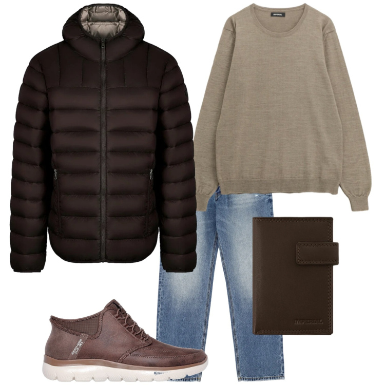 Outfit uomo - In giro. Stile Casual per Tutti i giorni. Abbinamento con jeans, maglieria, portafogli, piumini, sneakers.