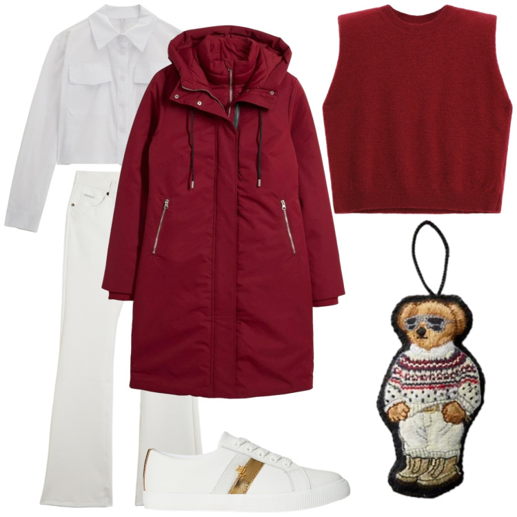 Outfit donna - Rosso in arrivo. Stile Casual per Tutti i giorni. Abbinamento con piumini, camicie, maglieria, pantaloni, shorts, sneakers.