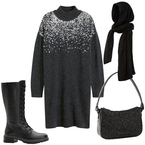 Outfit donna - Winter Looks, XMas Mood. Stile Trendy per Tutti i giorni. Abbinamento con vestiti, sciarpe, borse a mano, stivali.