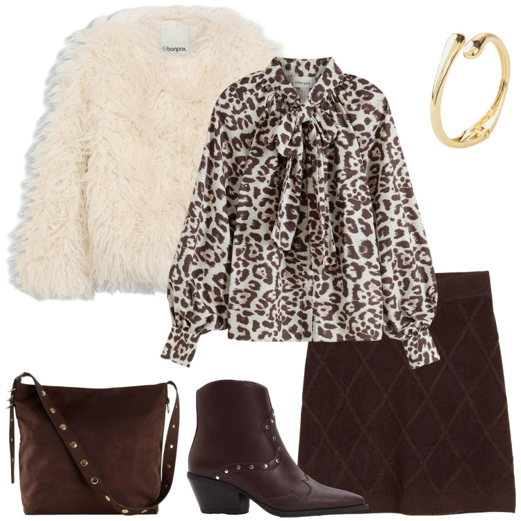 Outfit donna - Glam Chocolate. Stile Glamour per Serata fuori. Abbinamento con gonne longuette, ecopellicce, stivaletti texani, shopping bag, braccialetti, camicie.