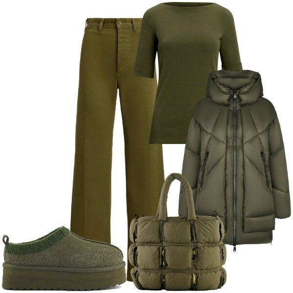 Outfit donna - Velvet Green. Stile Casual chic per Tutti i giorni. Abbinamento con pantaloni, t-shirt, piumini, borse a mano, sabot.