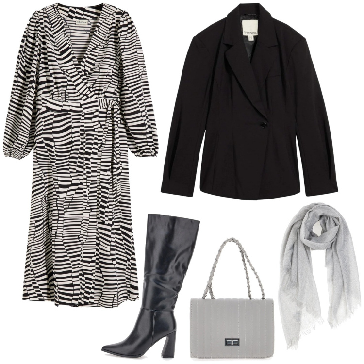 Outfit donna - Total look #2299389. Stile Chic per Serata fuori. Abbinamento con vestiti, blazer, foulard, borse a tracolla, stivali.