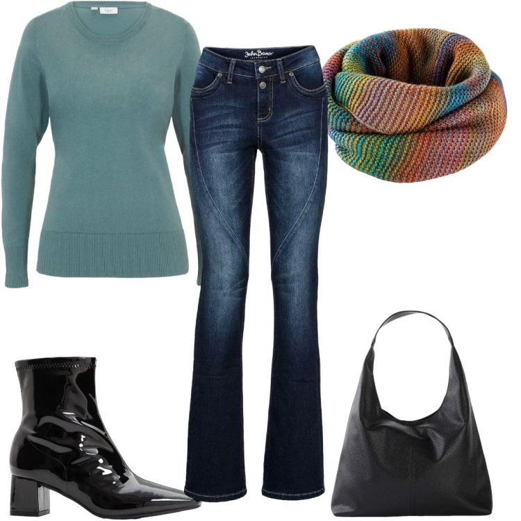 Outfit donna - Winter Looks , 70s Xmas Mood!. Stile 70s per Tutti i giorni. Abbinamento con foulard, stivaletti, maglieria, shopping bag, jeans bootcut.