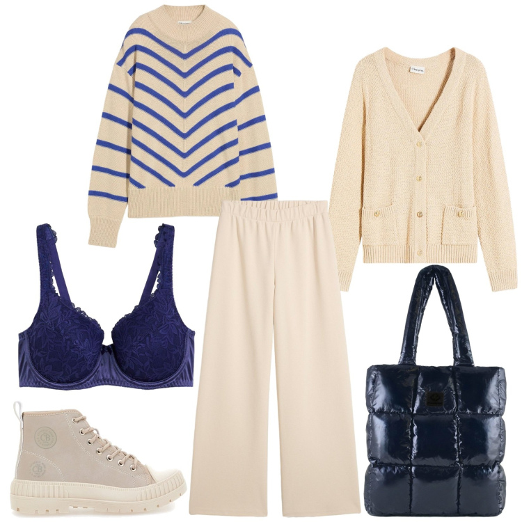 Outfit donna - Total look #2299441. Stile Casual per Tutti i giorni. Abbinamento con pantaloni, cardigans, maglieria, reggiseni, shopping bag, sneakers alte.