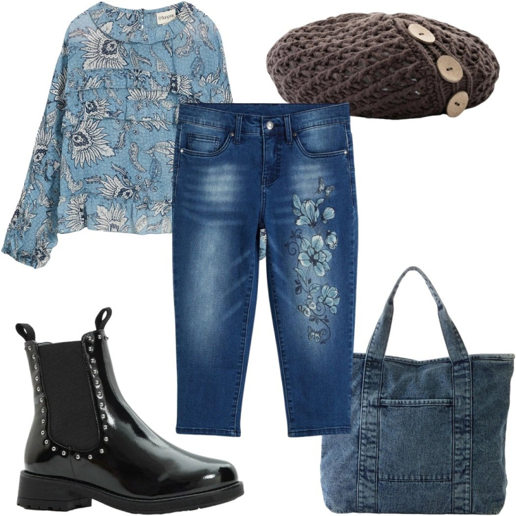 Outfit donna - Winter Looks , Boho Xmas Mood. Stile Boho per Tutti i giorni. Abbinamento con berretti, jeans, shopping bag, bluse, stivaletti chelsea.