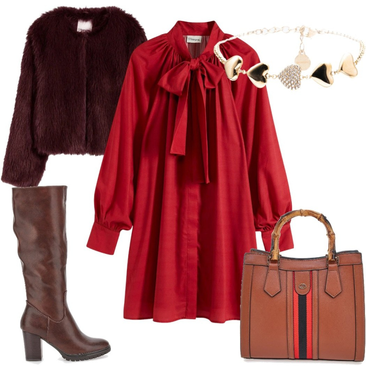 Outfit donna - Qualcosa di rosso: il vestito. Stile Glamour per Serata fuori. Abbinamento con vestiti, ecopellicce, braccialetti, borse a tracolla, stivali.