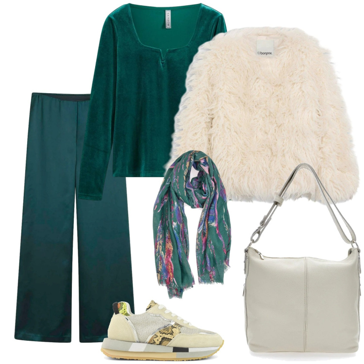 Outfit donna - Total look #2299488. Stile Casual chic per Tutti i giorni. Abbinamento con pantaloni a palazzo, ecopellicce, maglieria, sneakers, foulard, borse a spalla.