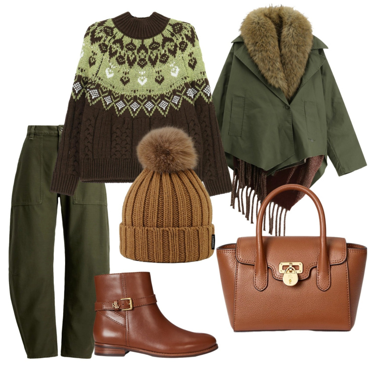 Outfit donna - Total look #2299514. Stile Trendy per Tutti i giorni. Abbinamento con cappotti, maglieria, borse a mano, stivaletti, pantaloni, berretti.