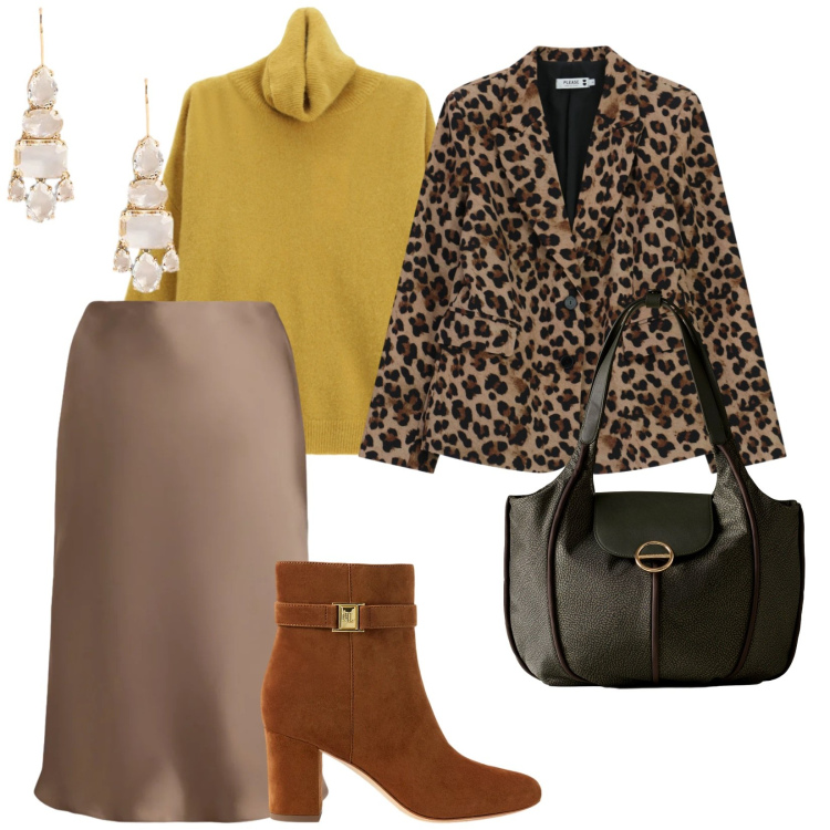 Outfit donna - Per un pranzo fuori casa. per Tutti i giorni. Abbinamento con blazer, maglieria, shopping bag, gonne, orecchini, stivaletti.