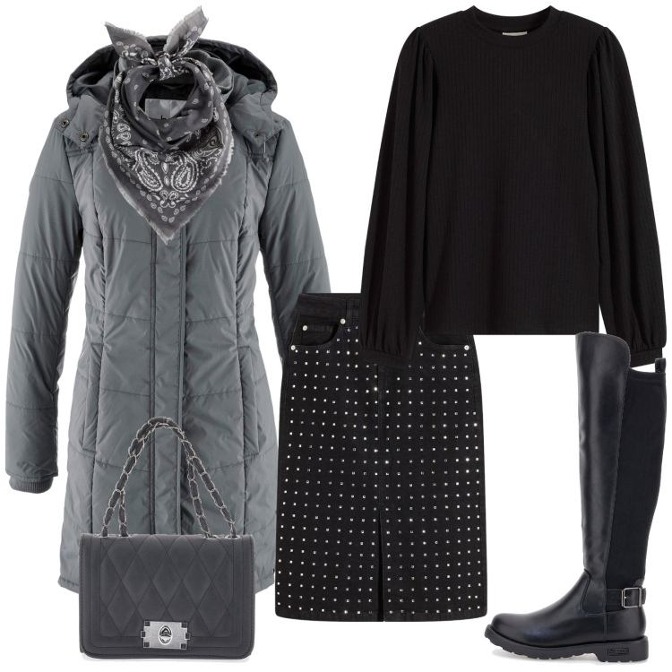 Outfit donna - Total look #2299561. Stile Casual chic per Tutti i giorni. Abbinamento con gonne longuette, giacche, foulard, maglieria, stivali, borse a tracolla.