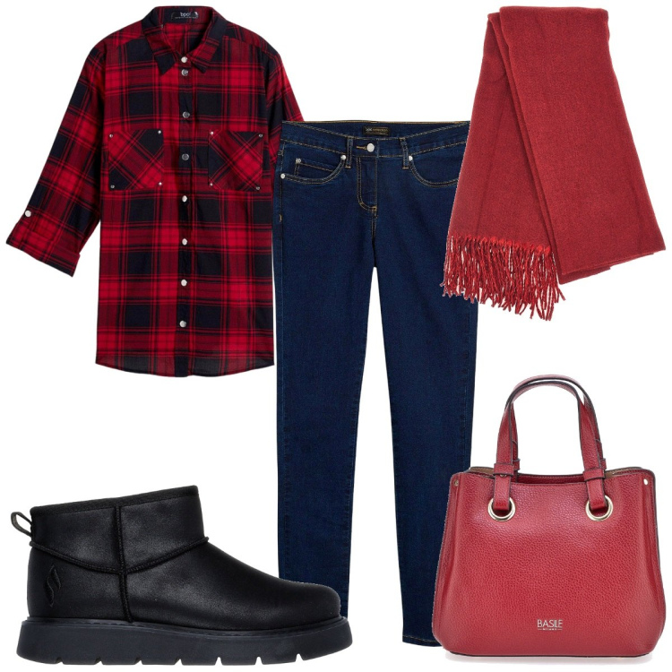Outfit donna - Un outfit a quadretti- Natale in jeans. Stile Trendy per Tutti i giorni. Abbinamento con camicie, jeans slim fit, borse a mano, stivaletti, sciarpe.