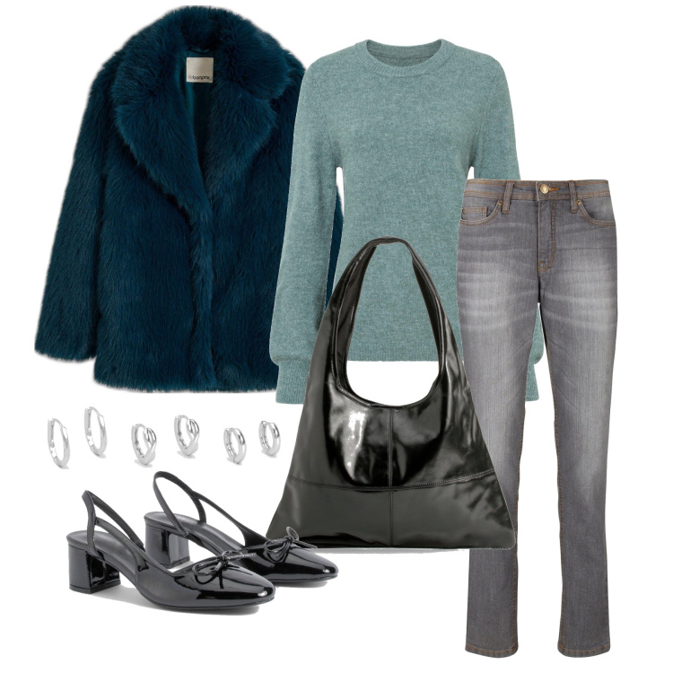 Outfit femme - Décembre. Style Casual chic pour Tous les jours. Assortir avec pulls, fausses fourrures, jeans mom, boucles d'oreilles, ballerines, sacs tote.