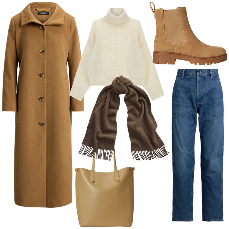 Outfit donna - Classic casual winter. Stile Casual chic per Tutti i giorni. Abbinamento con maglieria, sciarpe, stivaletti chelsea, cappotti, jeans, borse tote.