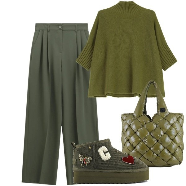 Outfit donna - Velvet Green. Stile Trendy per Tutti i giorni. Abbinamento con pantaloni a palazzo, maglieria, borse tote, stivali.