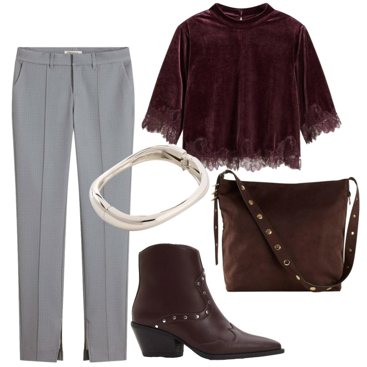 Outfit donna - La blusa particolare. Stile Trendy per Serata fuori. Abbinamento con braccialetti, stivaletti texani, shopping bag, pantaloni, bluse.