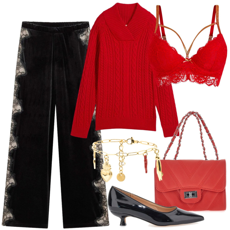 Outfit donna - Qualcosa di rosso. Stile Glamour per Tutti i giorni. Abbinamento con maglieria, reggiseni, pantaloni, braccialetti, décolleté, borse a tracolla.