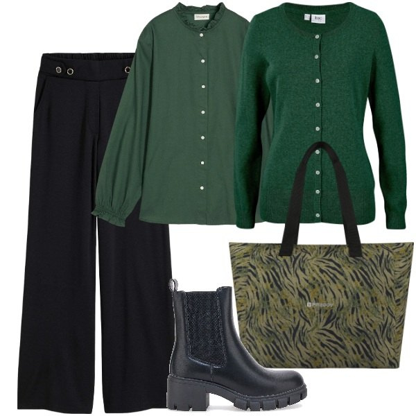 Outfit donna - Velvet Green. Stile Casual chic per Tutti i giorni. Abbinamento con cardigans, pantaloni, bluse, shopping bag, stivaletti chelsea.