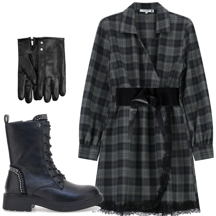 Outfit donna - Abito tartan. Stile Casual chic per Serata fuori. Abbinamento con guanti, vestiti corti, cinture, anfibi.