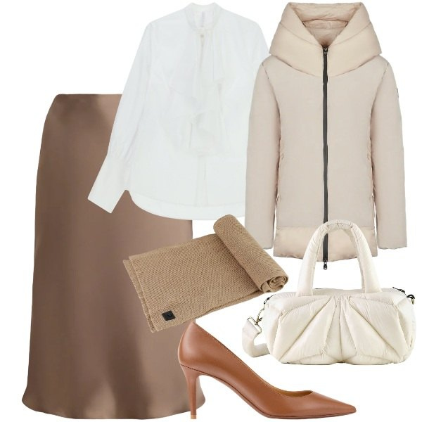 Outfit donna - Brilla con i tessuti che si accendono. Stile Chic per Ufficio. Abbinamento con camicie, gonne, décolleté, borse a mano, sciarpe, piumini.