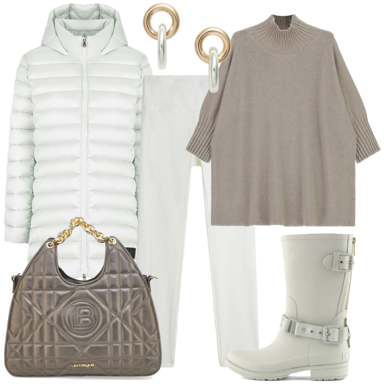 Outfit donna - Bianco Natale. Stile Casual chic per Tutti i giorni. Abbinamento con maglieria, leggings, orecchini, piumini, stivali, borse a mano.