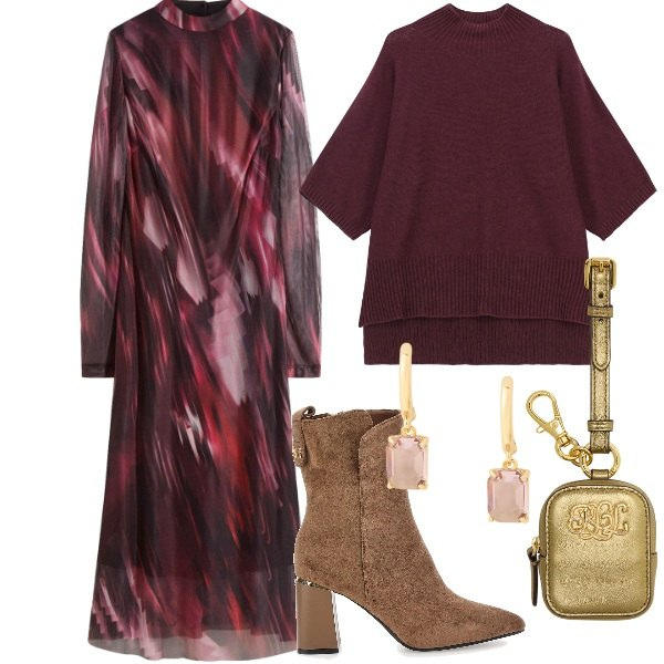 Outfit donna - BRilla - FDCI. Stile Glamour per Serata fuori. Abbinamento con vestiti midi/longuette, maglieria, orecchini, pochette, stivaletti.