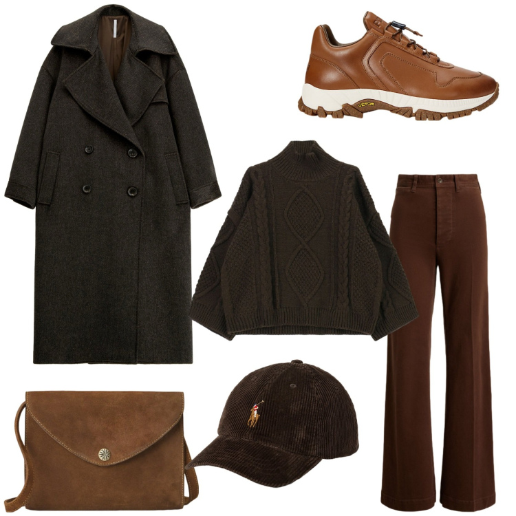Outfit donna - Casual Winter. Stile Casual chic per Tutti i giorni. Abbinamento con cappotti, maglieria, cappelli con visiera, pantaloni, borse a tracolla, sneakers.