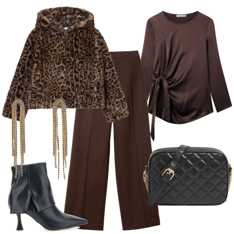 Outfit donna - Eleganza delle feste. Stile Glamour per Serata fuori. Abbinamento con pantaloni, ecopellicce, borse a tracolla, bluse, orecchini, stivaletti.