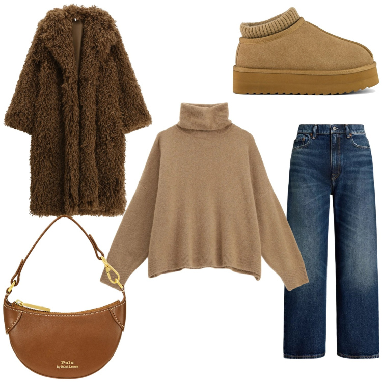 Outfit donna - Winter style. Stile Casual chic per Tutti i giorni. Abbinamento con maglieria, cappotti, jeans, borse a tracolla, sabot.