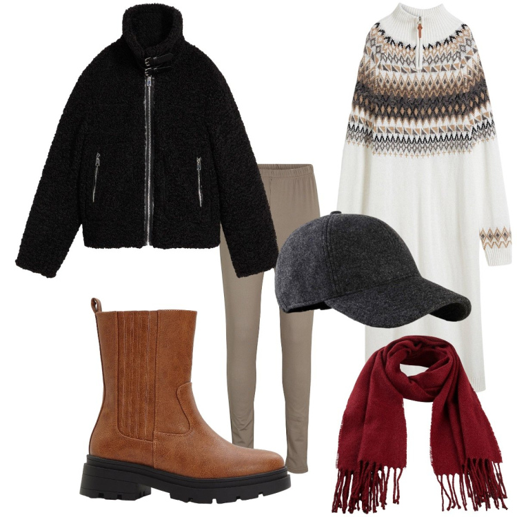 Outfit donna - Pronte per i mercatini. Stile Minimal per Tutti i giorni. Abbinamento con leggings, cappelli con visiera, stivaletti chelsea, sciarpe, ecopellicce, vestiti.