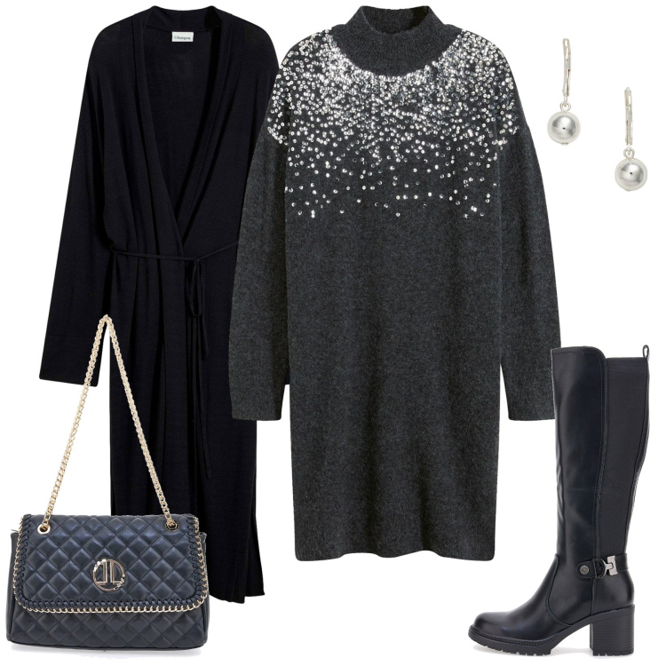 Outfit donna - Accendi il tuo stile-curvy style. Stile Glamour per Serata fuori. Abbinamento con vestiti, cappotti, orecchini, borse a tracolla, stivali.