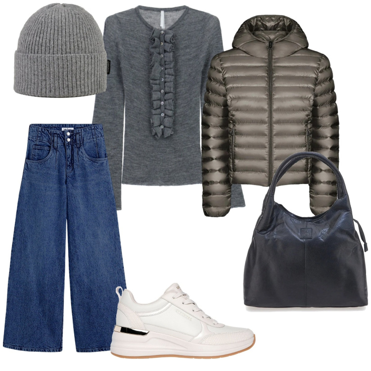 Outfit donna - Pratica in città. per Tutti i giorni. Abbinamento con jeans, maglieria, bomber, berretti, sneakers, borse a mano.