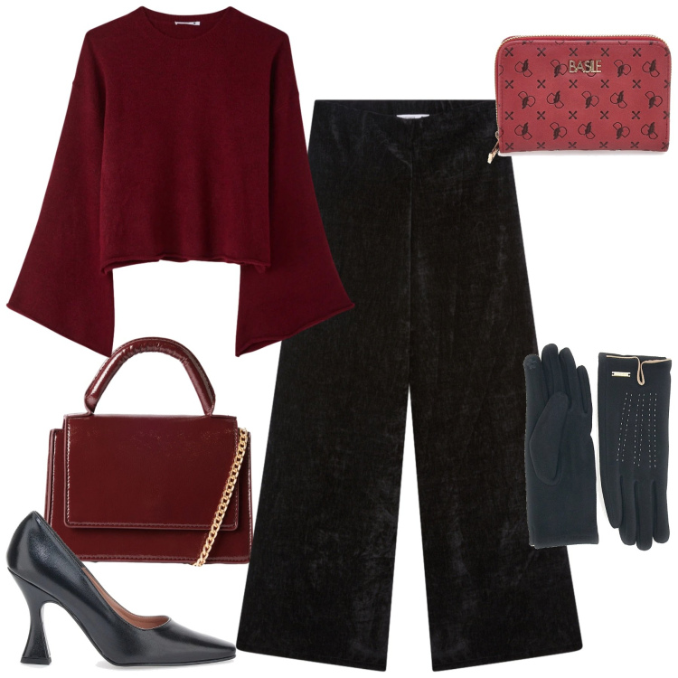 Outfit donna - Terranova - Xmas Edition 2025. Stile Casual chic per Serata fuori. Abbinamento con maglieria, borse a tracolla, pantaloni, décolleté, portafogli, guanti.