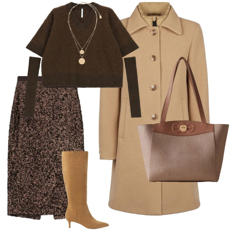 Outfit donna - Riservata ma elegante. per Tutti i giorni. Abbinamento con gonne longuette, maglieria, shopping bag, stivali, ciondoli, cappotti.