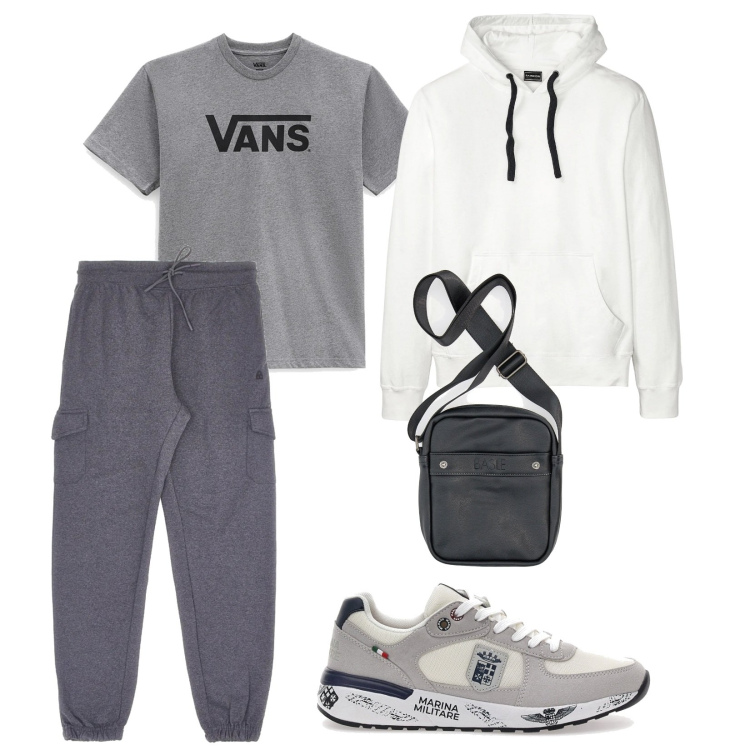 Outfit uomo - Per tutti i giorni. per Tutti i giorni. Abbinamento con felpe con cappuccio, t-shirt, sneakers, borse sportive, pantaloni cargo.