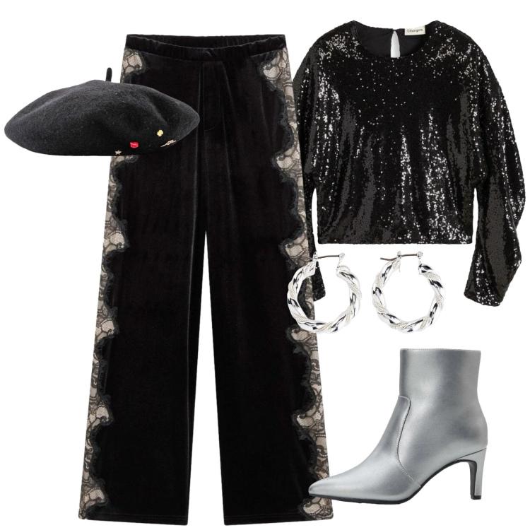 Outfit donna - Anticipo di festività. Stile Glamour per Cerimonia. Abbinamento con cappelli e berretti, orecchini, stivaletti, maglieria, pantaloni.