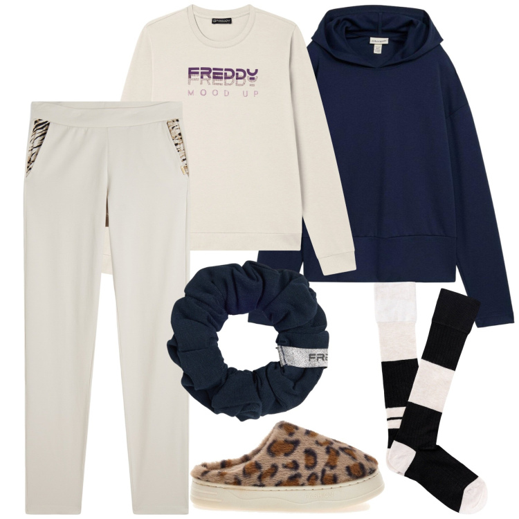 Outfit donna - Relax at home. Stile Sporty chic per Tutti i giorni. Abbinamento con felpe con cappuccio, felpe, pantaloni, accessori per capelli, ciabatte, calzini.